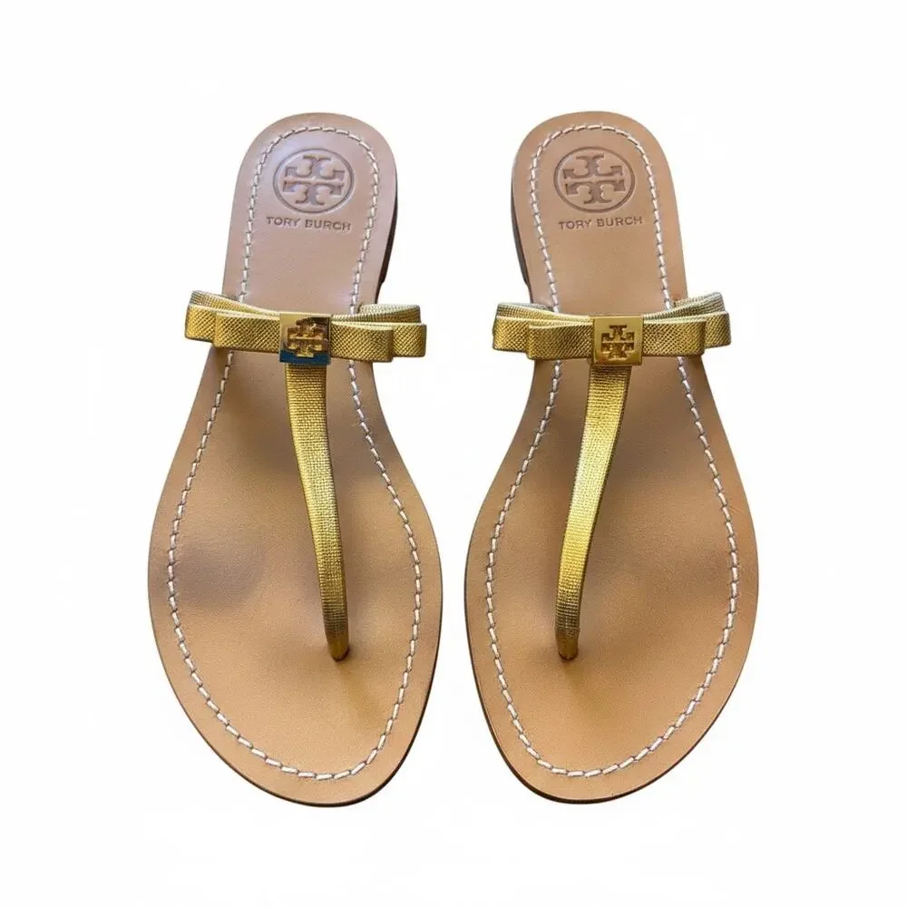 Tory Burch Leighanne Gold Metallic Leather Bow Thong Sandals Size 9